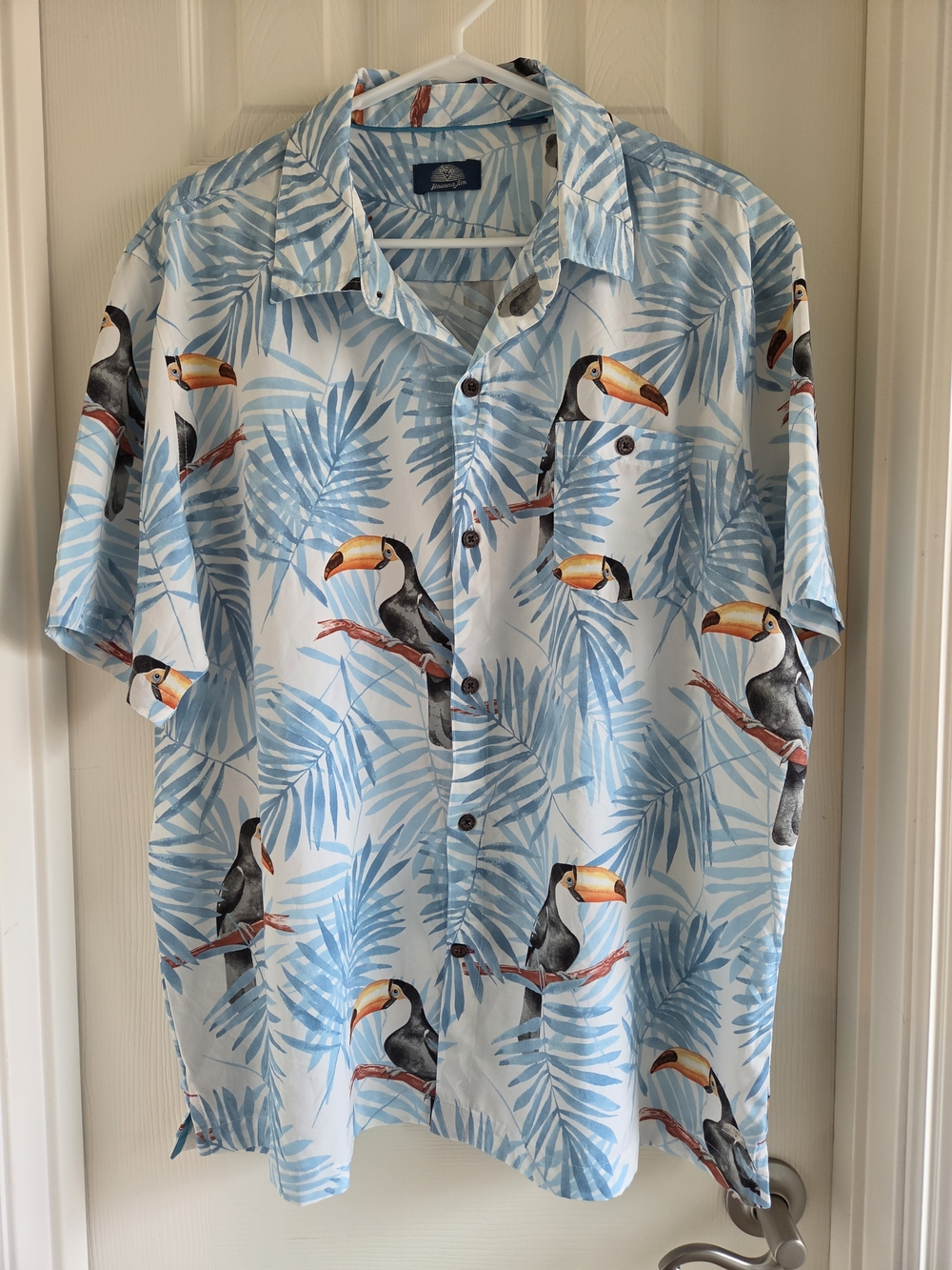 Toucan Tropical Hawaiian Shirt Blue Palm Leaf Camp Button Down Stretch XL‎
